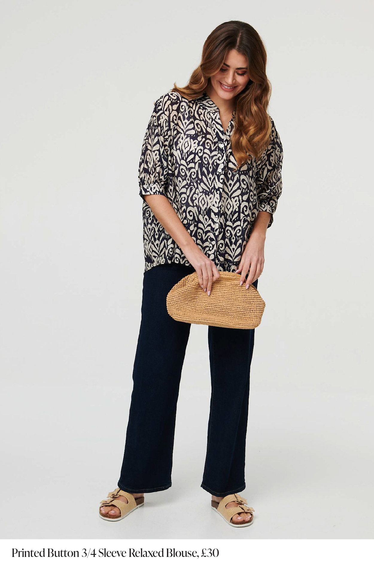 Printed Button 3/4 Sleeve Relaxed Blouse | Shop Now