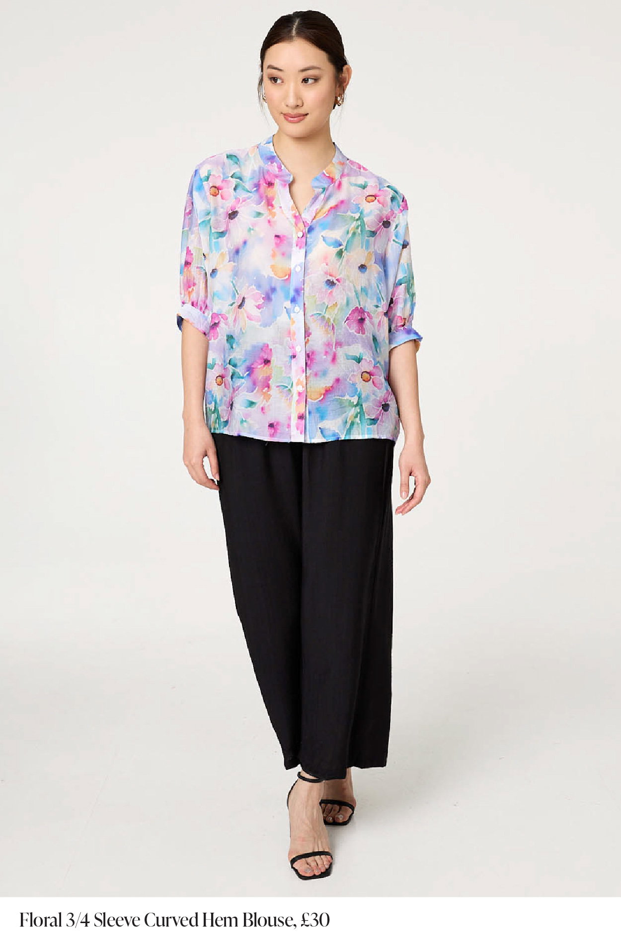 Floral 3/4 Sleeve Curved Hem Blouse | Shop Now