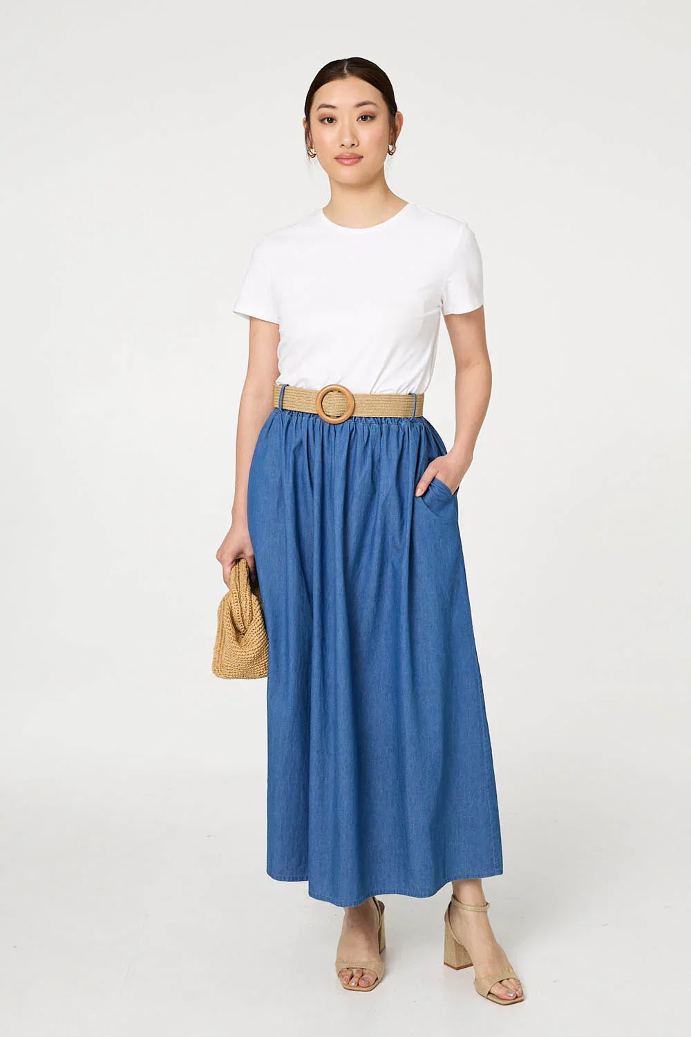 High Waist Belt Detail Denim Maxi Skirt