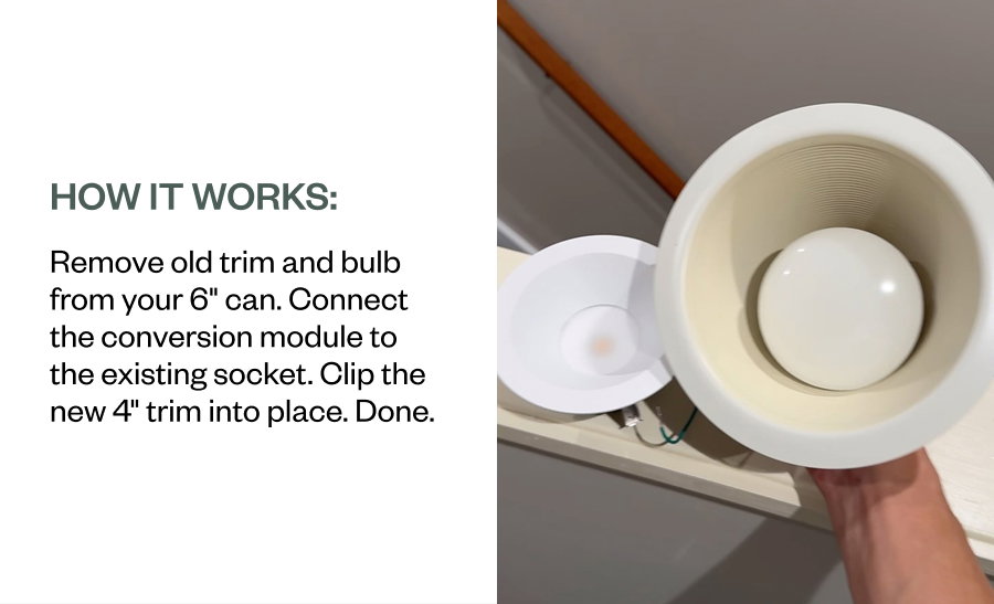 How it works: Remove old trim and bulb from your 6" can. Connect the conversion module to the existing socket. Clip the new 4" trim into place. Done.