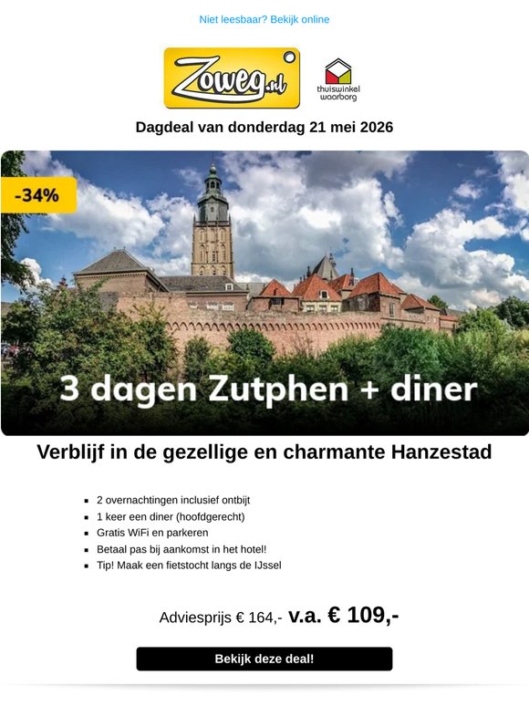 3 dagen Zutphen + diner v.a. 109,-