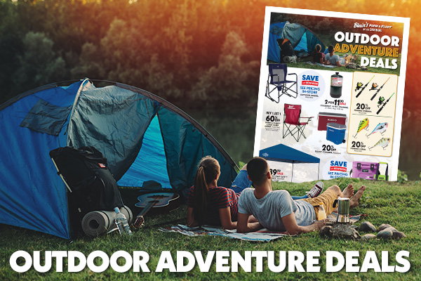 Man and woman camping looking off into the sunset at amazing Outdoor Adventure Deals flyer