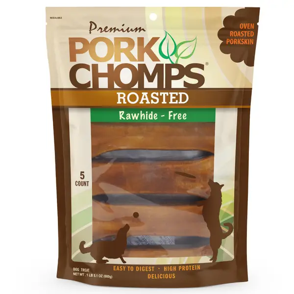 Brown bag of Pork Chomps 7-inch Roasted Pressed Pork Skin Dog Chew, Highly Digestible