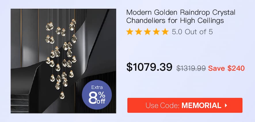 Modern Golden Raindrop Crystal Chandeliers for High Ceilings in Foyer & Living Room