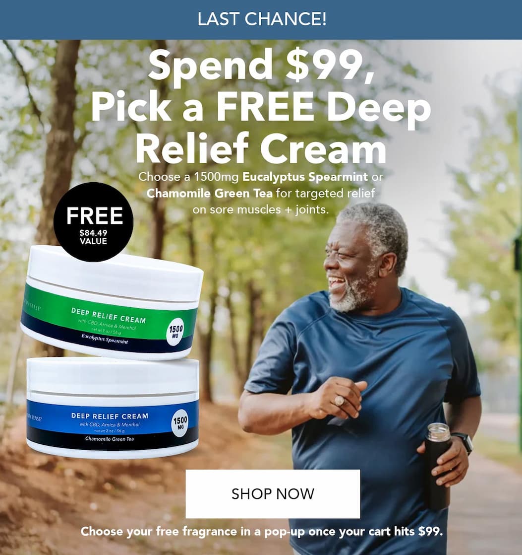 Pick a FREE 1500mg Relief Cream ($84.49 value) with any $99 Spend