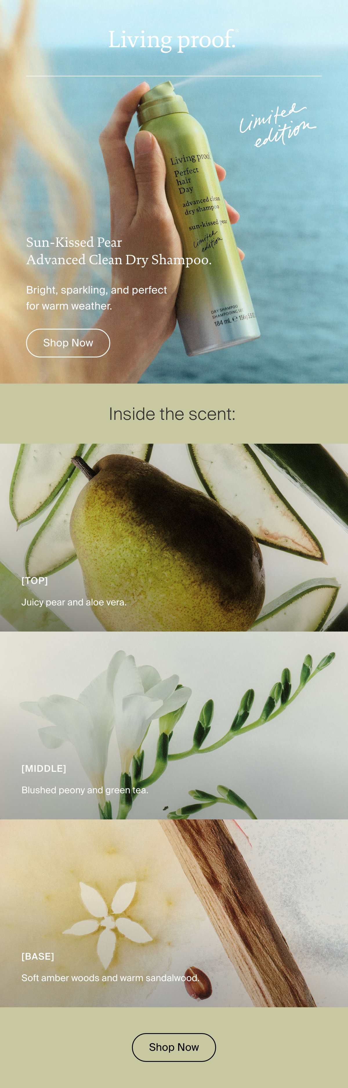 Living Proof | Limited Edition. Sun-Kissed Pear Advanced Clean Dry Shampoo. Bright, sparkling, and perfect for warm weather. | Shop Sun-Kissed Pear