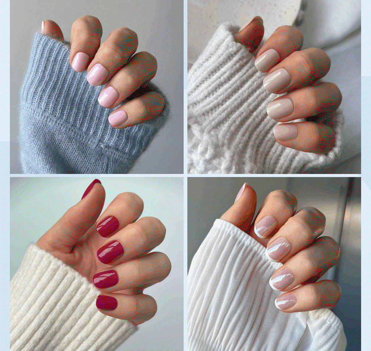 Four examples of short nail designs in pink, nude, burgundy and clear polish on sweaters