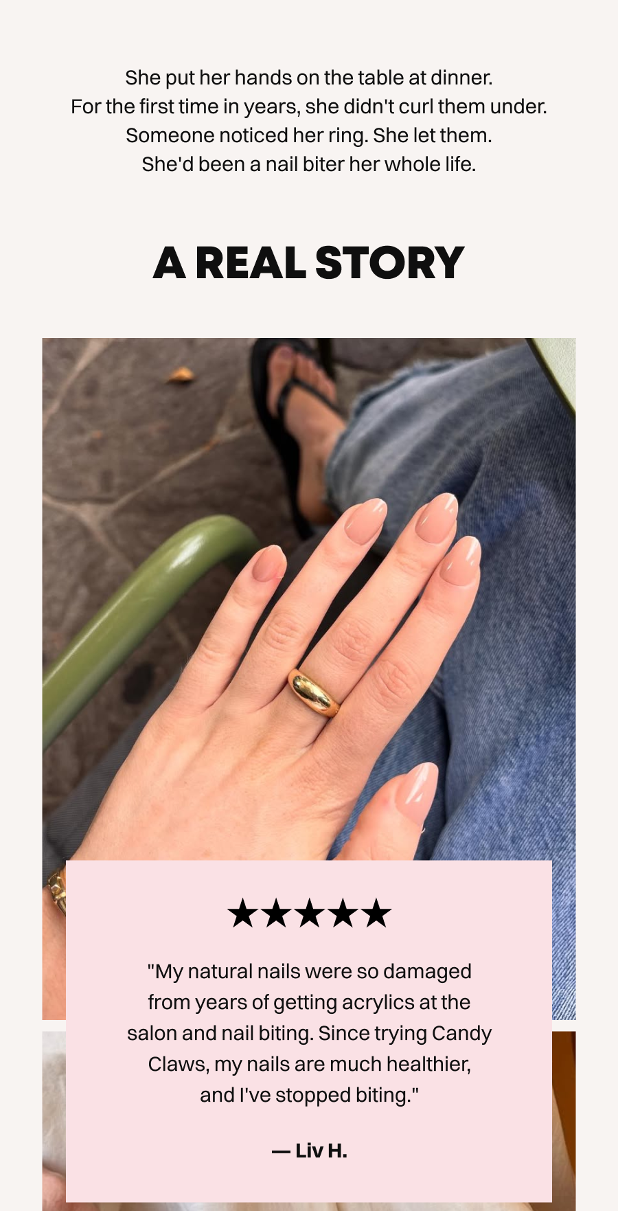 Woman's hands with natural short nails and golden ring, customer testimonial about nail health