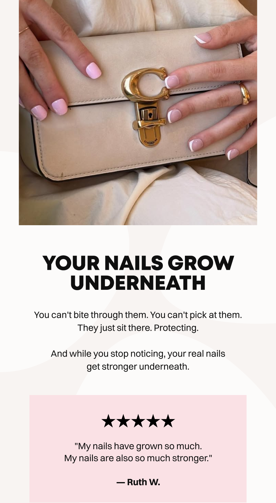 Hands holding beige handbag with pink short nails, showing natural nail growth protection
