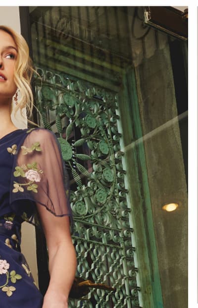 Floral Embroidered Maxi Dress With Sheer Flutter Sleeves In Navy Multi