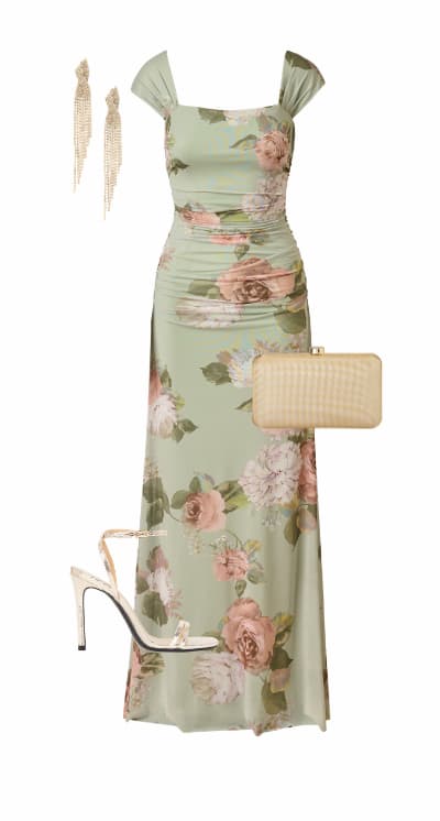 Floral Print Stretch Mesh Ruched Gown In Sage Multi