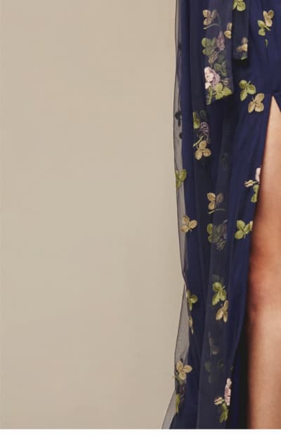 Floral Embroidered Maxi Dress With Sheer Flutter Sleeves In Navy Multi