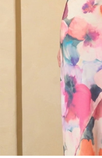 Cowl Neck 3D Floral Sateen Gown In Pink Orange Multi