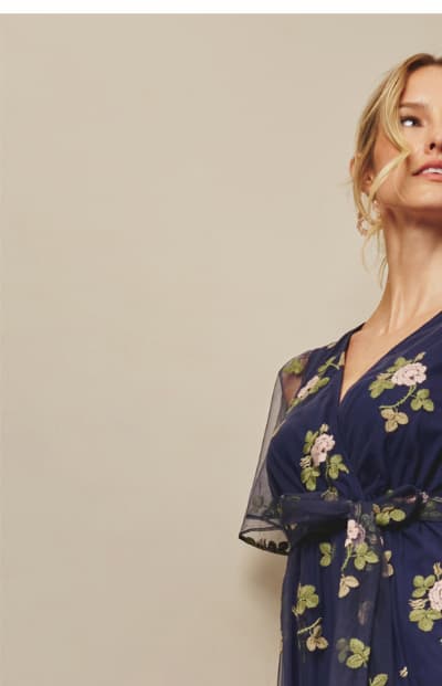 Floral Embroidered Maxi Dress With Sheer Flutter Sleeves In Navy Multi