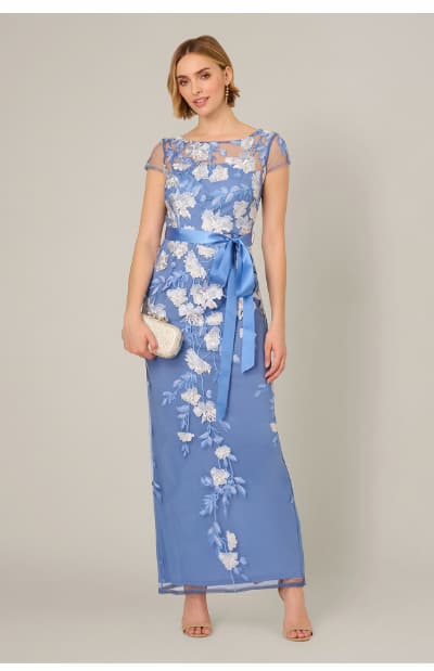 Short Sleeve Floral Embroidered Gown With Ribbon Tie Waist In French Blue Multi