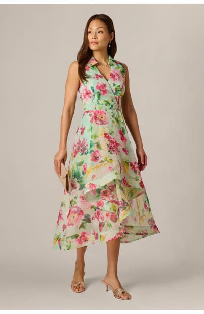 Collared Floral Organza High Low Midi Dress In Mint Multi
