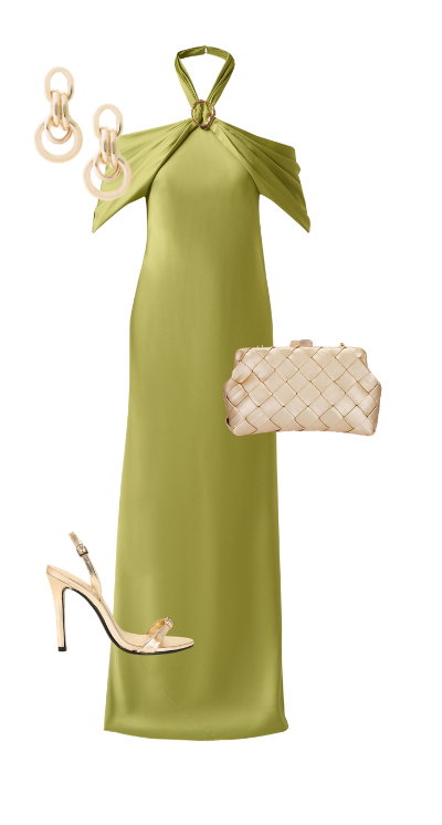 Satin Draped Shawl Halter Gown In Fern