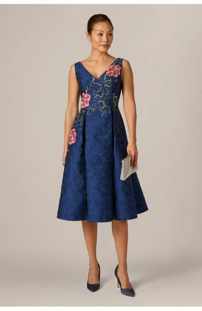 Jacquard Floral Beaded Fit And Flare Midi Dress In Midnight Multi