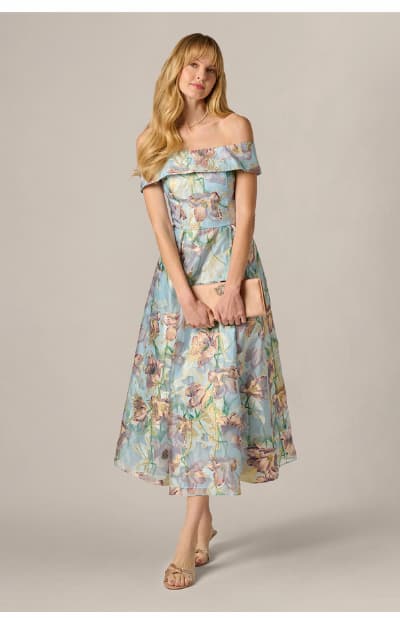 Off Shoulder Watercolor Floral Jacquard Ankle Dress In Blue Multi