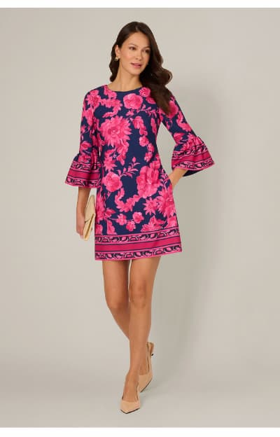 Bell Sleeve Floral Twill Short Dress In Navy Multi