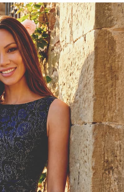 Jacquard Tie Front Fit And Flare Midi Dress In Black Navy