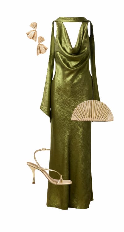 Foil Chiffon Cowled Scarf Halter Gown In Dark Olive