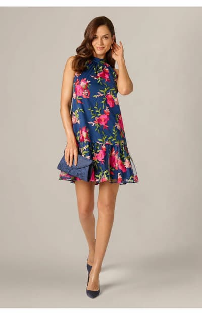 Floral Embroidered Short Trapeze Dress In Navy Pink Multi