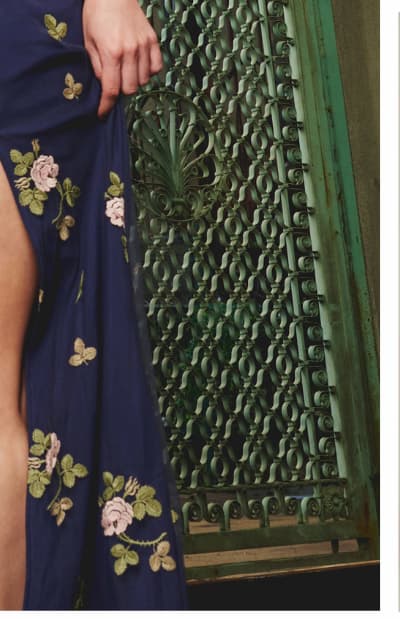 Floral Embroidered Maxi Dress With Sheer Flutter Sleeves In Navy Multi