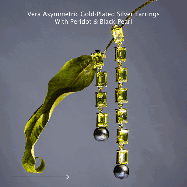Vera Asymmetric Gold-Plated Silver Earringswith Peridot & Black Pearl
