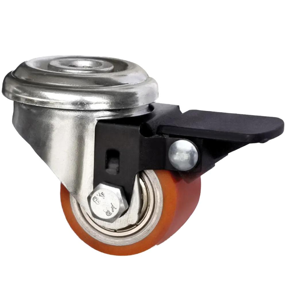 CASCOO Rückenlochlenkrolle mit Radfeststeller - Serie SWU5 - PU-Rad - Rad-Ø 50 mm - Bauhöhe 70 mm - Tragkraft 150 kg 