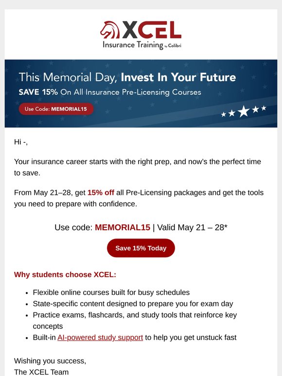 Memorial Day Savings: 15% Off Pre-Licensing