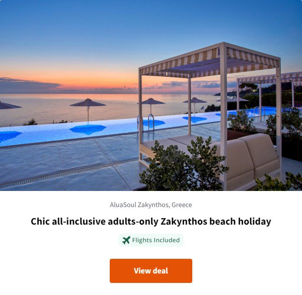 Chic all-inclusive adults-only Zakynthos beach holiday