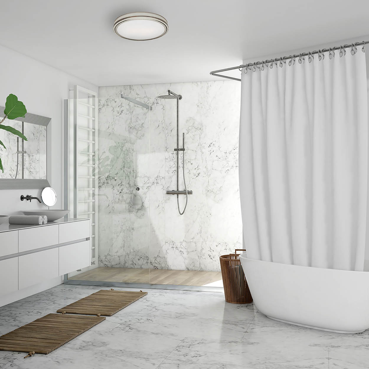 Large bathroom with stand up shower and free standing tub