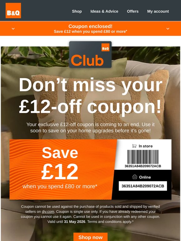 Last reminder to use your £12 saving