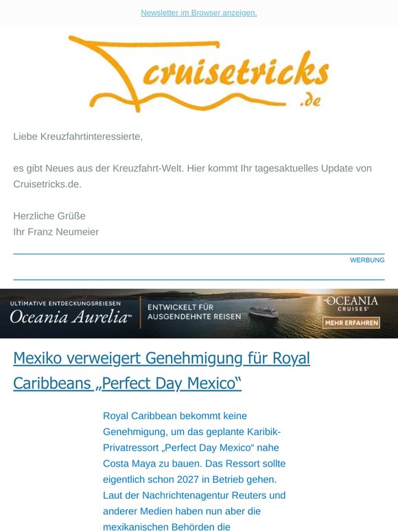News, u.a.: "Mexiko verweigert Genehmigung für Royal Caribbeans „Perfect Day Mexico“" - von cruisetricks.de