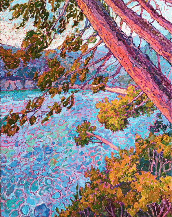 painting of a river and trees