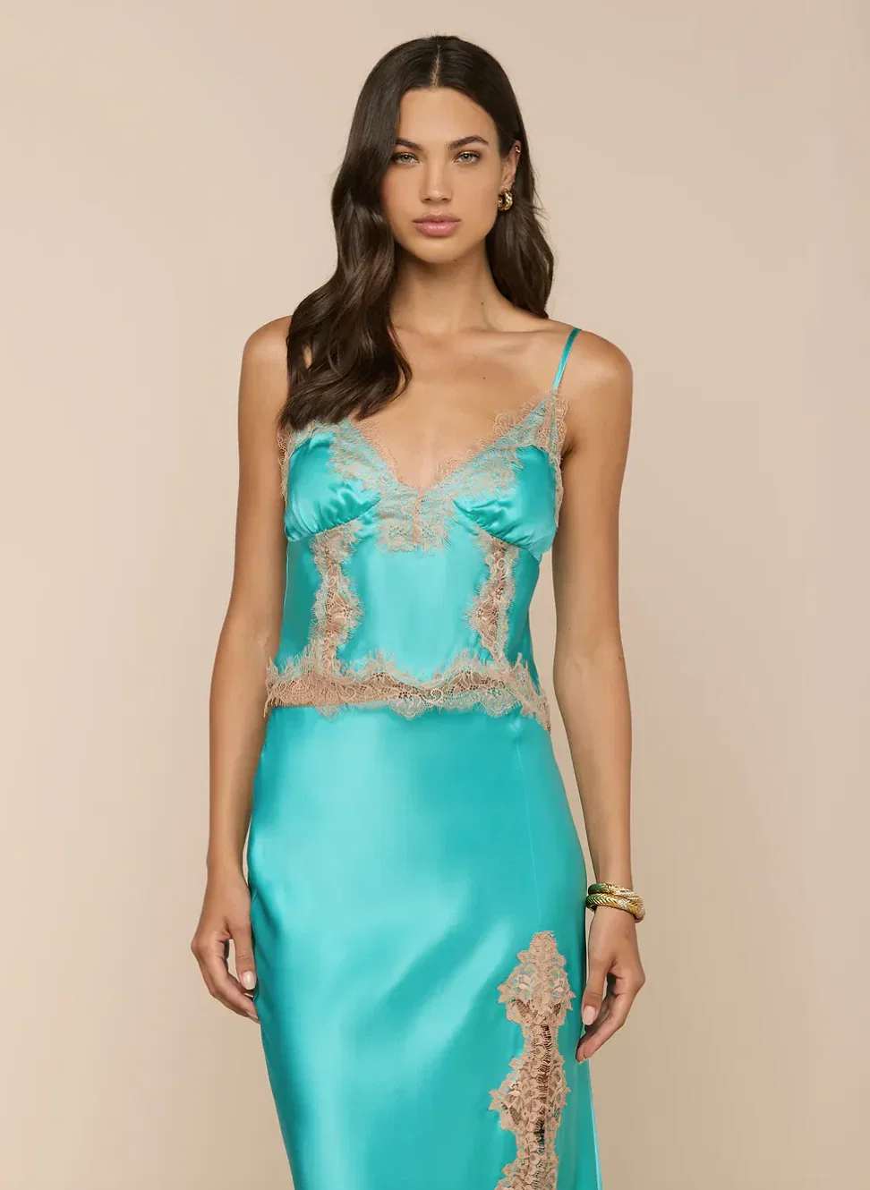 Image of  Kimber Silk Lace Camisole - Cyan/Cappuccino