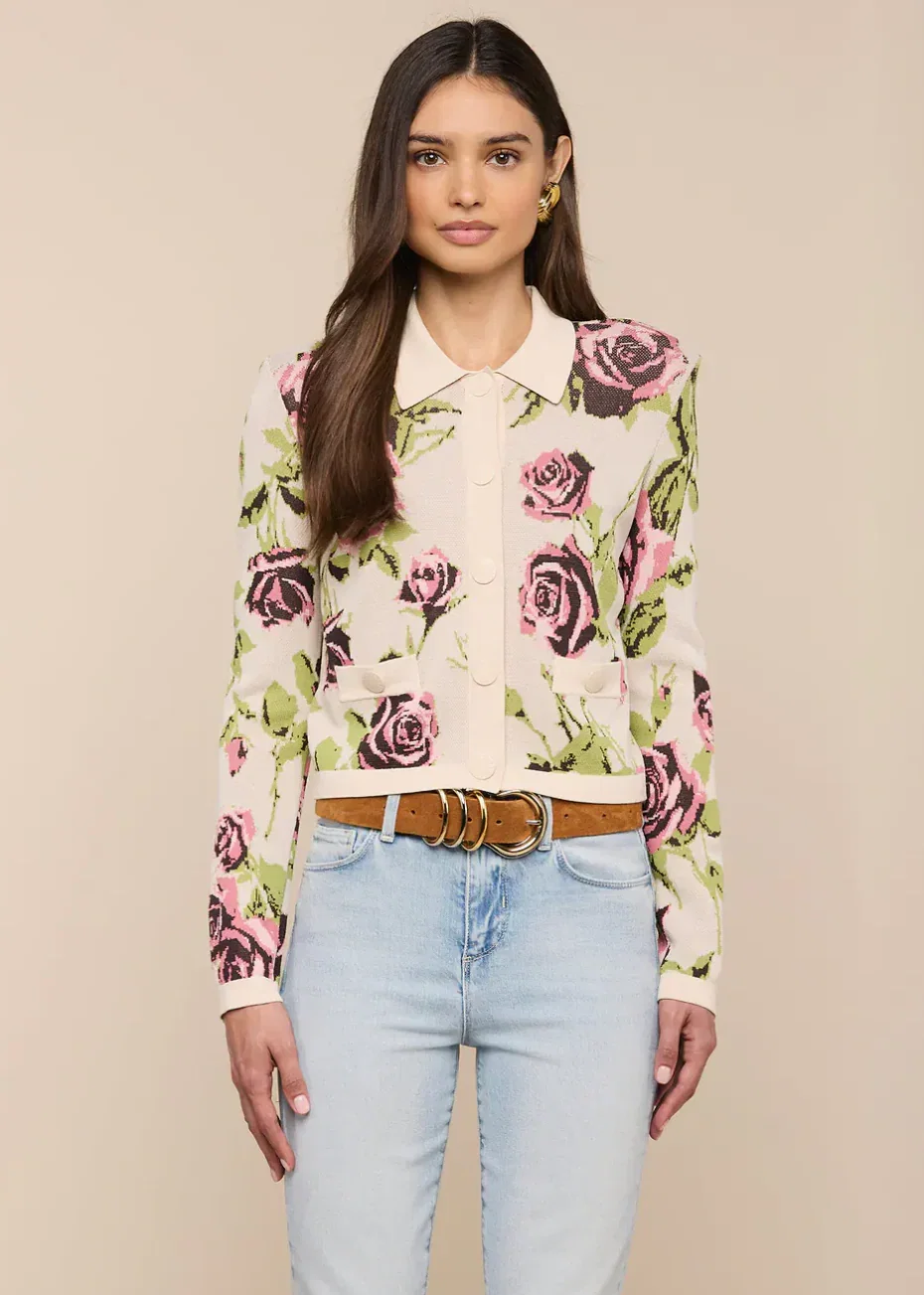 Image of  Osiris Jacquard Cardigan - Ecru/Mauve Romantic Rose