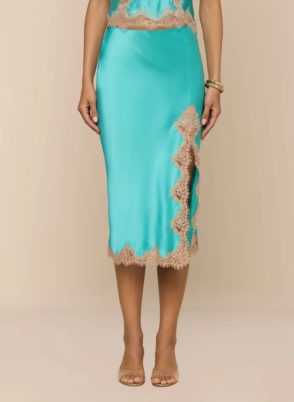 Image of  Tico Silk Lace Skirt - Cyan/Cappuccino