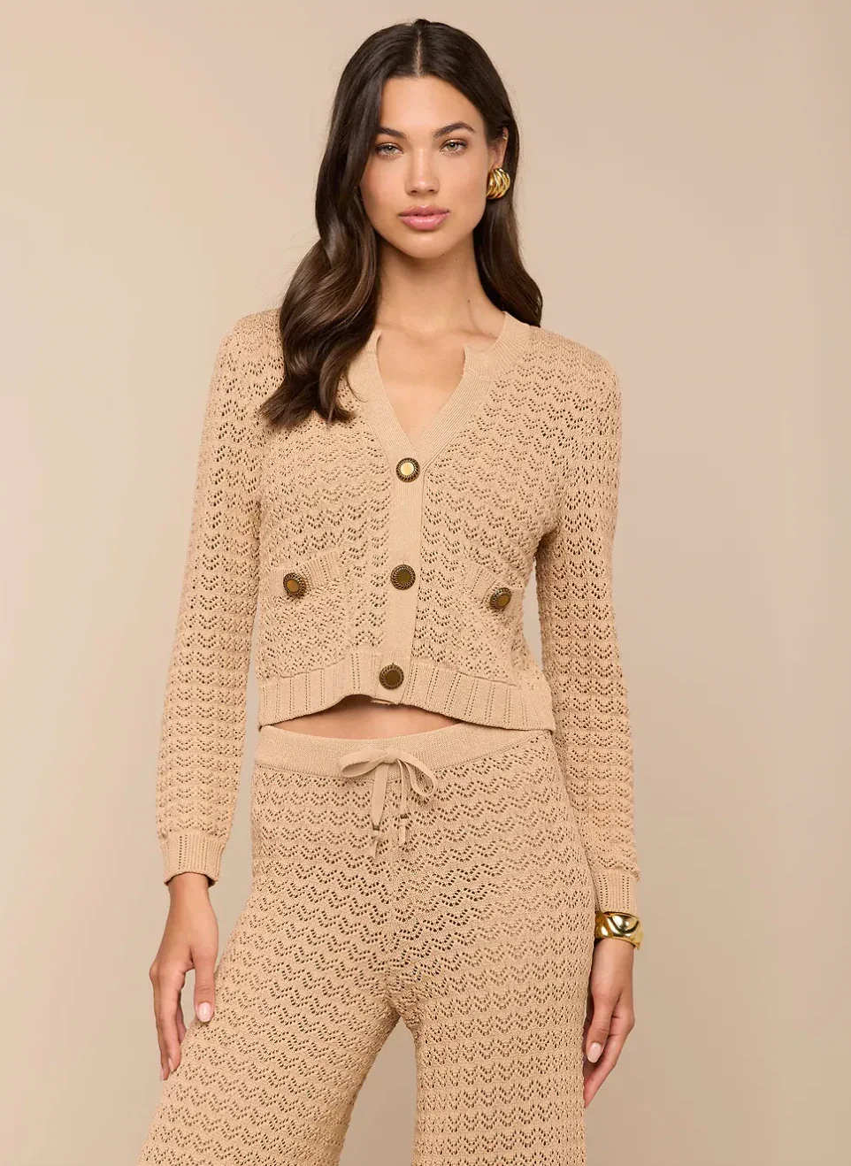 Image of  Orla Pointelle Knit Cardigan - Light Cappuccino/Gold