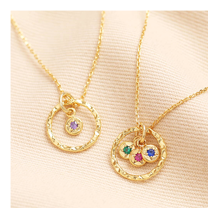 Personalised Family Hammered Halo And Birthstone Pendant Necklace In Gold Plating