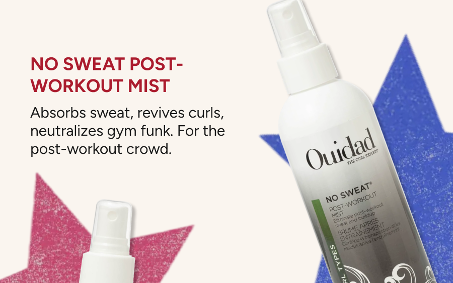 So Sweat Post-Workout Mist absorbs sweat, revives curls, neutralizes gym funk. 