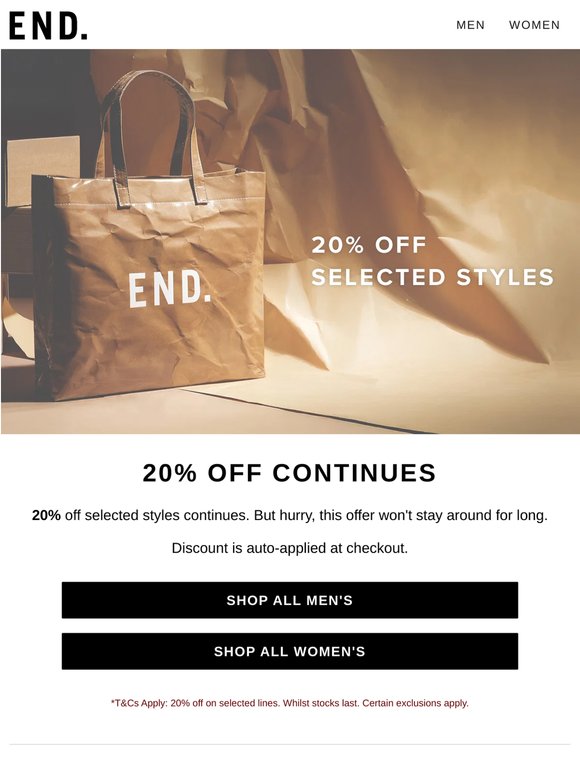 20% off selected styles continues