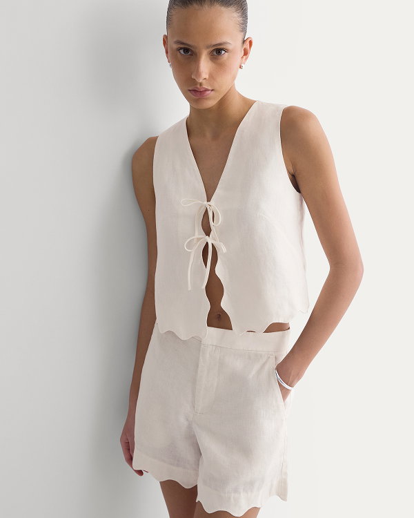 Image | Tie-Front Scallop Tank in Linen | Bone