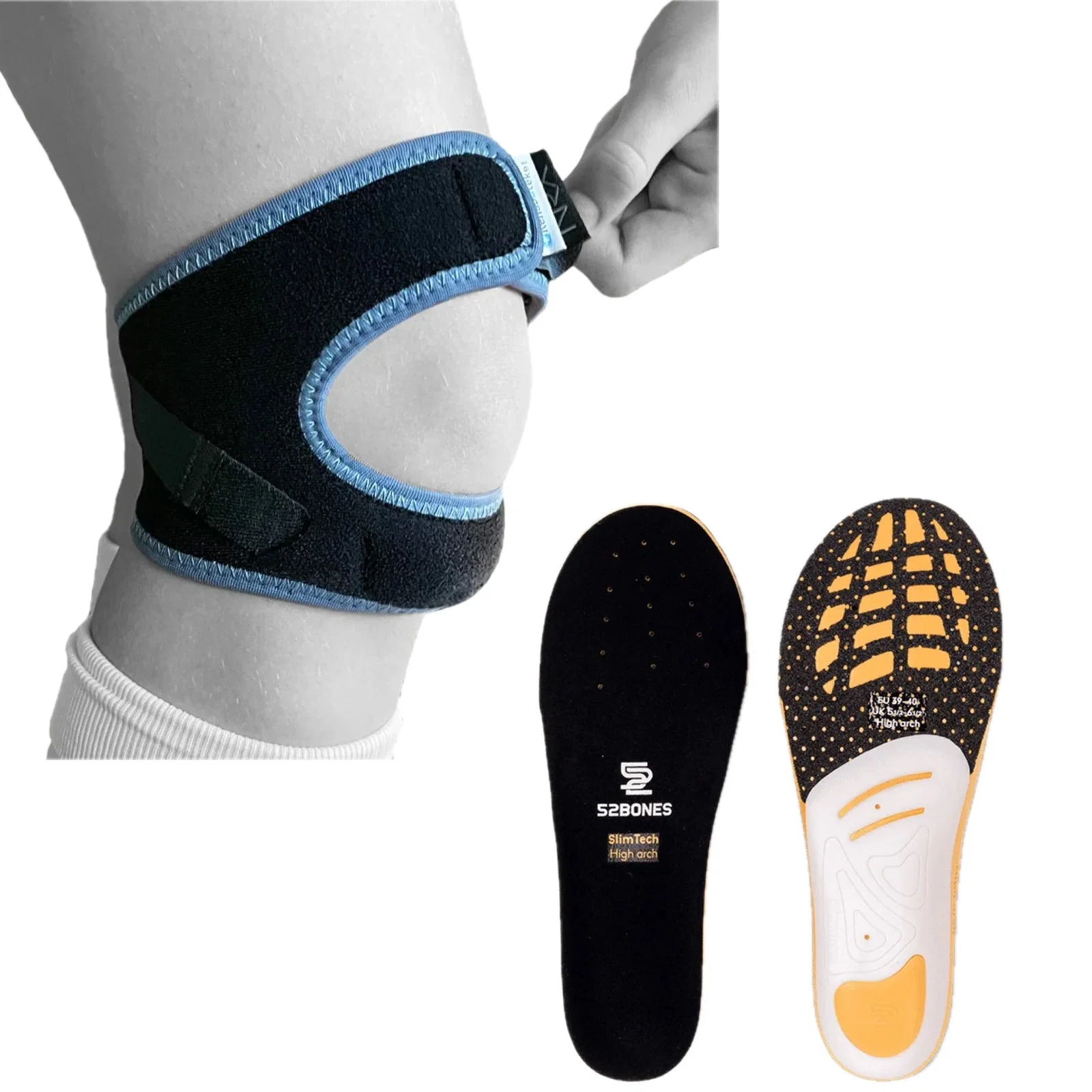Image of Ett kit med schlatterskydd och sportsulor som ger stöd och avlastning för både knä och fot under träning och match. Ett smart val vid återkommande belastningsbesvär.