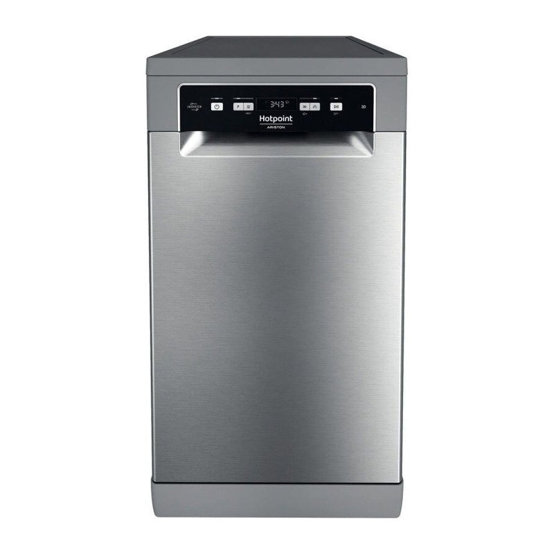 Slim stainless-steel freestanding dishwasher with digital control panel and recessed handle, modern Hotpoint Ariston design