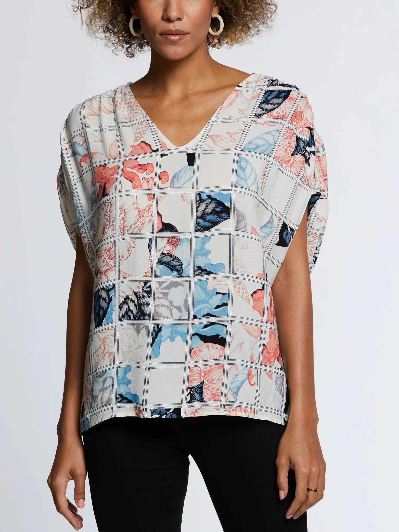 Image of Eco Fabric Ruched Tie Sleeve V-Neck Top
