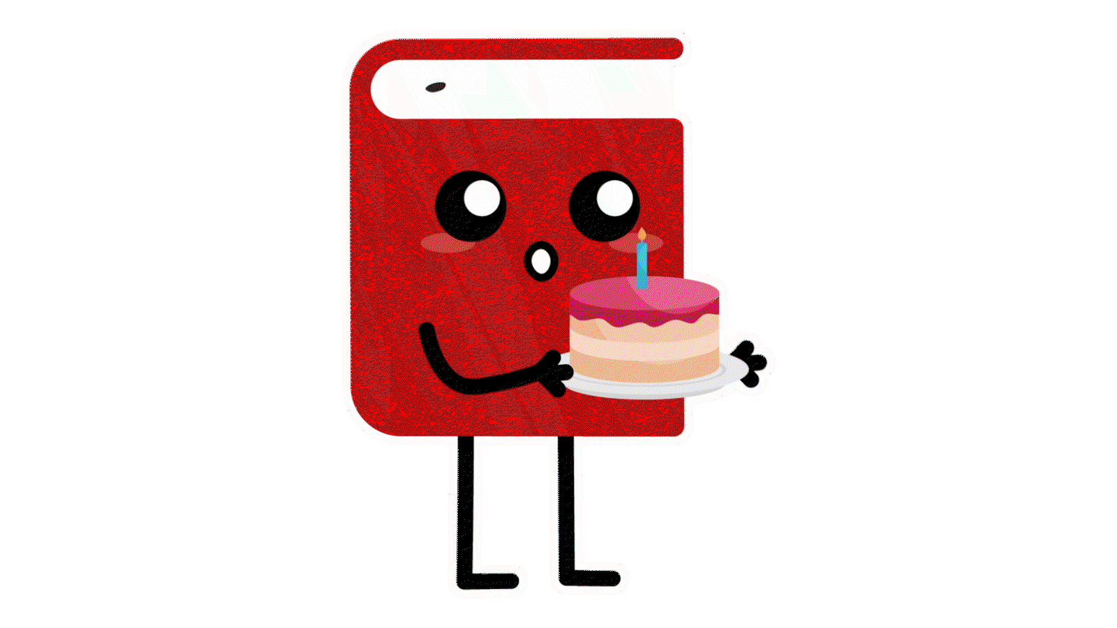 Book Outlet graphic featuring Dash, the cheerful red book mascot, holding a birthday cake with a lit candle.