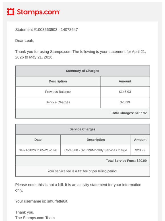 Stamps.com Account  Statement