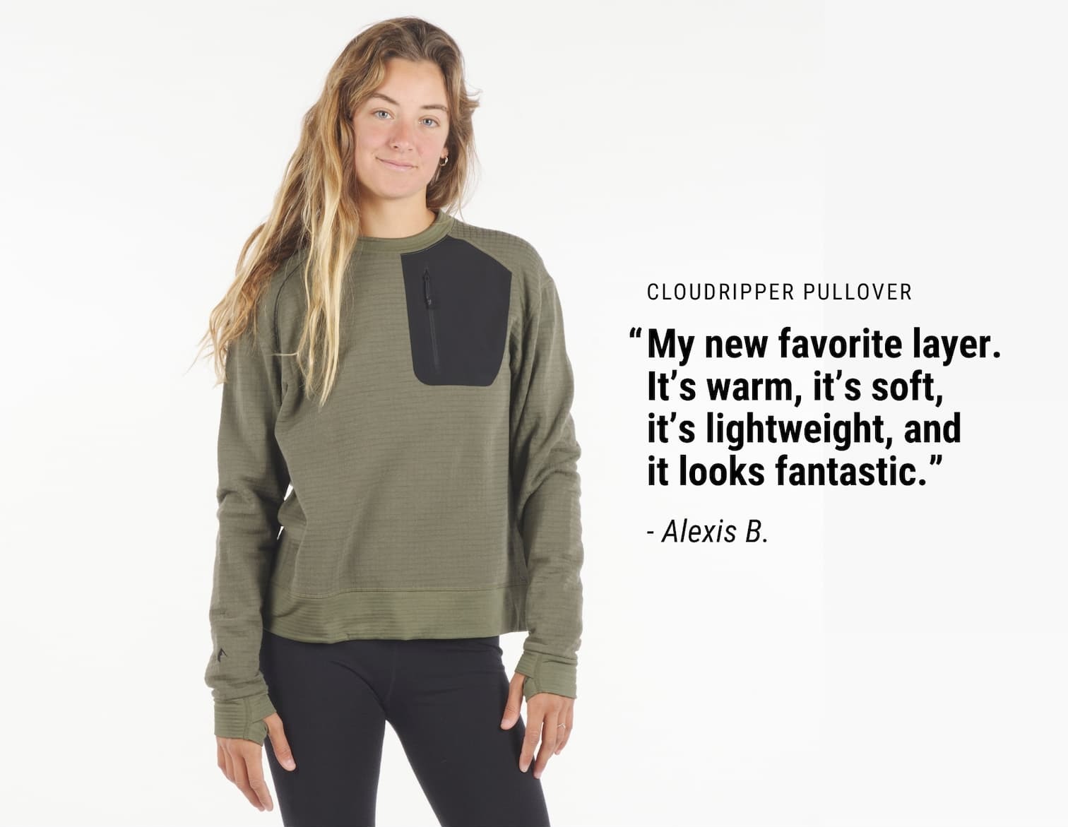 a woman wearing a Cloudripper Grid Fleece Pullover
